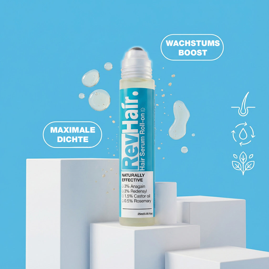 RevHair Haarwachstums-Serum Roll-on auf elegantem Podest - Natürliche Haarpflege für Männer und Frauen